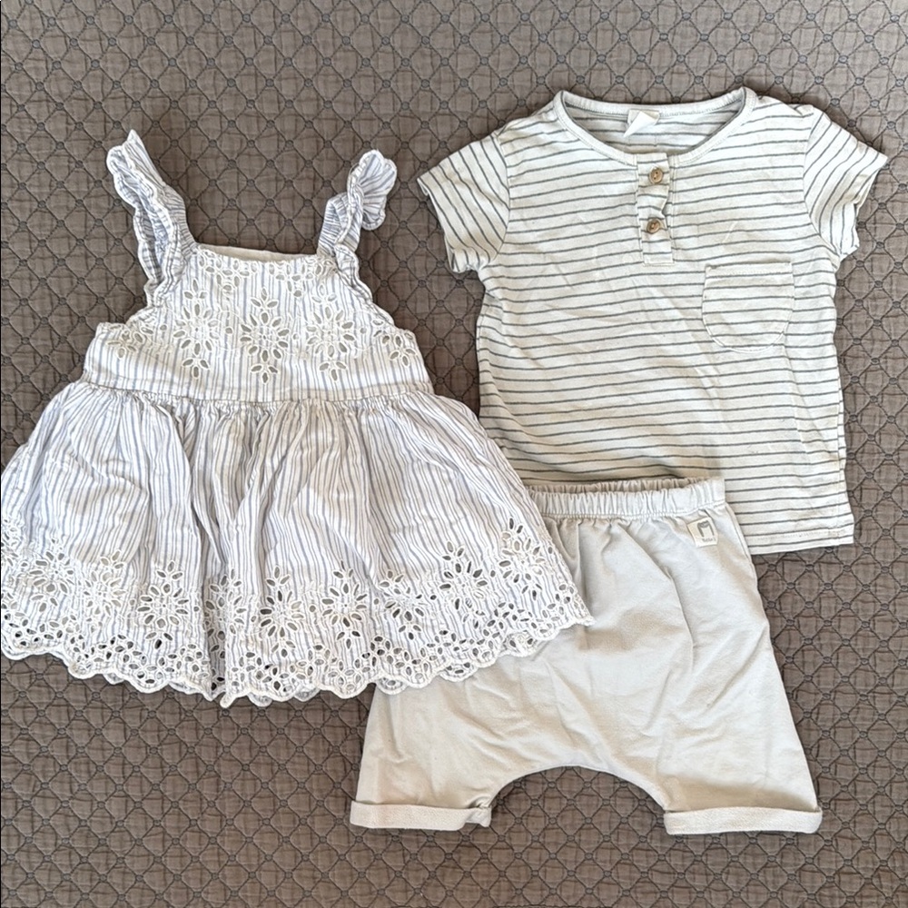 Striped Baby Girl Lot w/ Button-Up T-shirt and Harem Shorts + Ruffled Dress